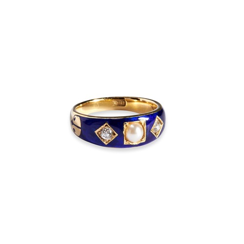 126 - A VICTORIAN BLUE ENAMEL, PEARL, DIAMOND AND GOLD RING, CIRCA 1850 the upper section set with an old ... 