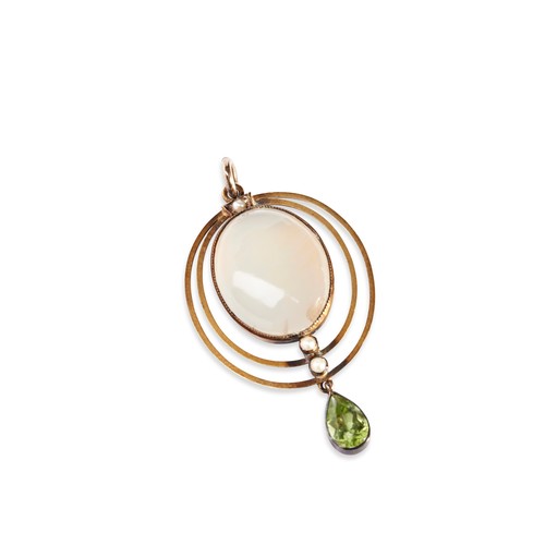 132 - AN ART NOUVEAU MOONSTONE, PERIDOT, SEED PEARL AND GOLD PENDANT, CIRCA 1890  the oval cabochon-cut mo... 