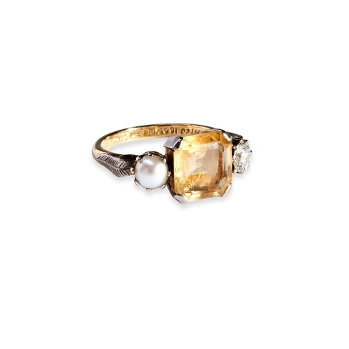 134 - A CITRINE, DIAMOND AND HALF PEARL RING the square step-cut citrine four claw set with a brilliant-cu... 