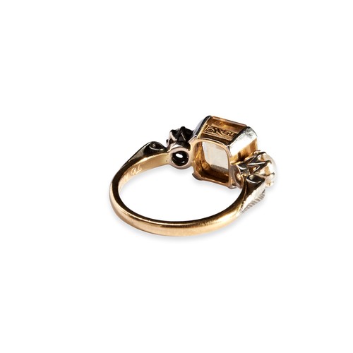 134 - A CITRINE, DIAMOND AND HALF PEARL RING the square step-cut citrine four claw set with a brilliant-cu... 