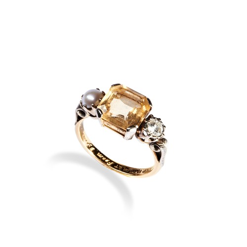 134 - A CITRINE, DIAMOND AND HALF PEARL RING the square step-cut citrine four claw set with a brilliant-cu... 