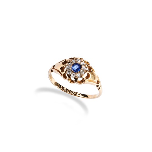 135 - A VICTORIAN SAPPHIRE AND DIAMOND CLUSTER RING the cushion-cut sapphire claw set within a bezel of te... 