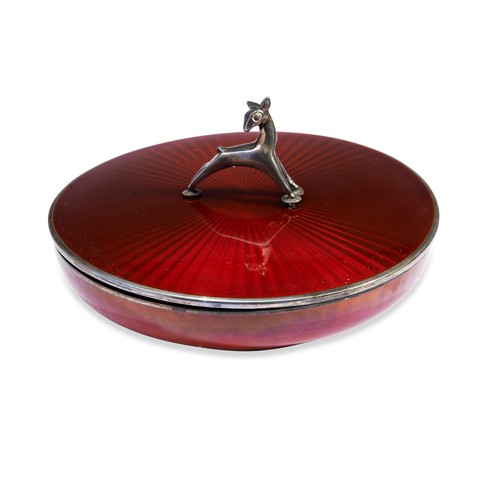 256 - A DAVID ANDERSEN STERLING SILVER AND ENAMEL POWDER BOWLa red guilloche enamel bowl with lid, handle ... 