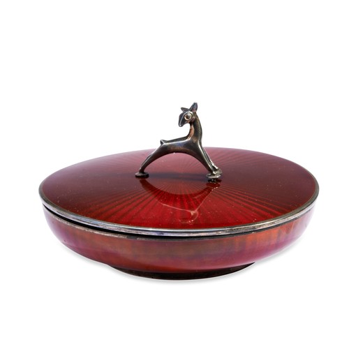 256 - A DAVID ANDERSEN STERLING SILVER AND ENAMEL POWDER BOWLa red guilloche enamel bowl with lid, handle ... 