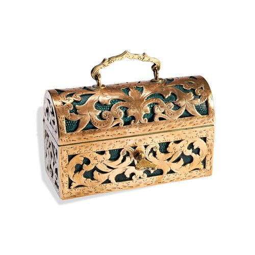 237 - A LATE 19TH CENTURY BRASS CASKET BOXreticulated in renaissance style and lined with faux green Shagr... 