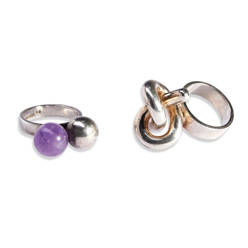 160 - A SILVER RING AND AN AMETHYST AND SILVER RING BY HANS HANSEN the silver ring of entwined knot design... 