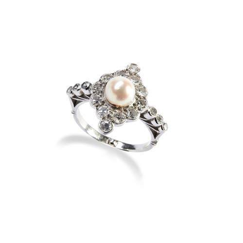 145 - A PEARL AND DIAMOND RING  The natural pearl set within a cluster of ten diamonds with two diamond ab... 