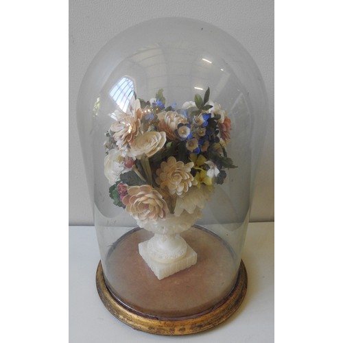 313 - A VICTORIAN SHELLWORK FLORAL CENTREPIECE IN GLASS DOME, the ornately painted flowers in a pale soaps... 