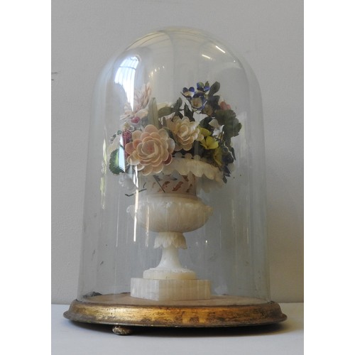 313 - A VICTORIAN SHELLWORK FLORAL CENTREPIECE IN GLASS DOME, the ornately painted flowers in a pale soaps... 