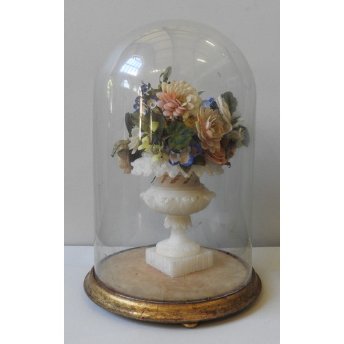 313 - A VICTORIAN SHELLWORK FLORAL CENTREPIECE IN GLASS DOME, the ornately painted flowers in a pale soaps... 