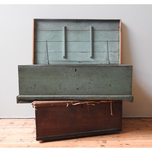 14 - A GREEN PAINTED PINE BLANKET BOX AND ONE OTHER PINE BLANKET BOX, the painted box with a plank top an... 
