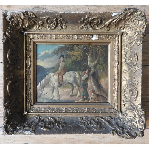 264 - BOY ON A WHITE HORSE WITH FIGURE AND DOG, oil on panel, 19th century, 15 x 18.5 cms.Provenance : Fro... 