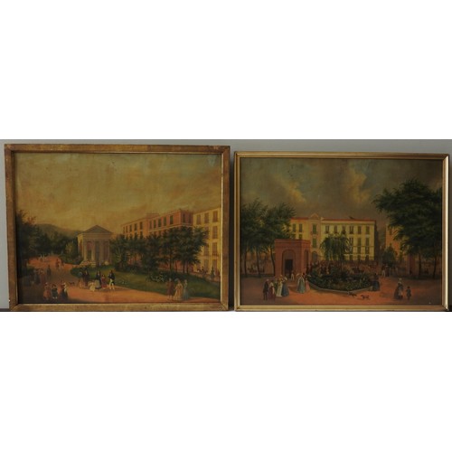 268 - A PAIR OF 19TH CENTURY NEAPOLITAN SCENES  OF PEOPLE PROMENADING, OIL ON CANVAS, unsigned, both inscr... 