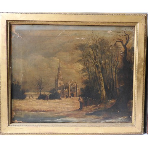 270 - ENGLISH SCHOOL, CHURCH IN A WINTER LANDSCAPE WITH FIGURE, 19th century, oil on canvas, unsigned, 40 ... 