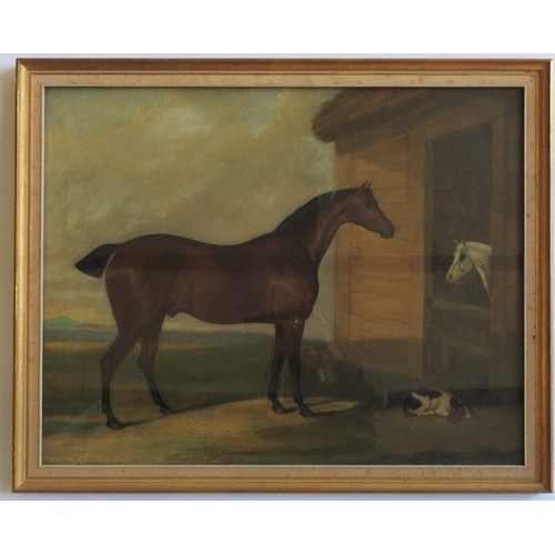 228 - ENGLISH SCHOOL, 'BAY HIGHAM', a bay horse with another in a stable and a spaniel, 19th century, oil ... 