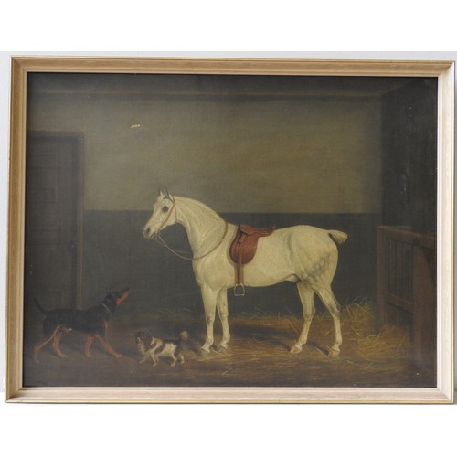 231 - JAMES LODER OF BATH, WHITE HORSE IN A STABLE WITH TWO DOGS, oil on canvas, signed and dated L. Loder... 