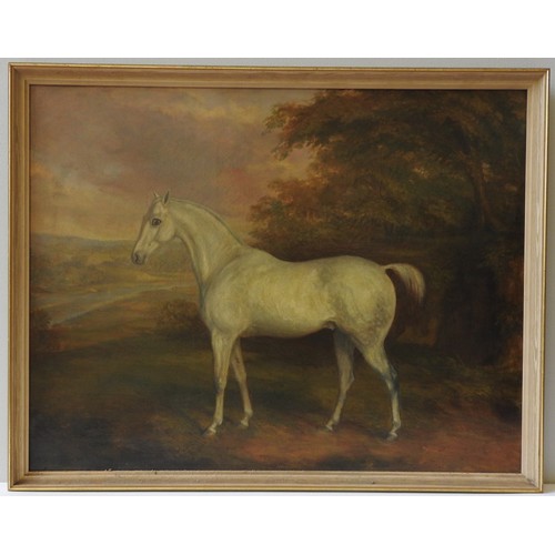 221 - ENGLISH SCHOOL, A DAPPLE GREY HORSE, 19th century, in a landscape setting, oil on canvas unsigned, 5... 