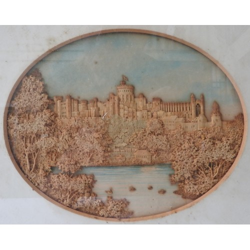 224 - A PAIR OF FINELY EXECUTED VICTORIAN CORK PICTURES, depicting Windsor Castle, mounted as ovals, 14 x ... 