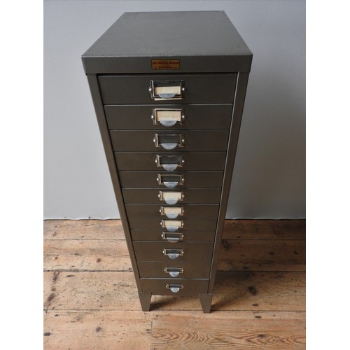 30 - A SET OF VINTAGE STEEL INDEX FILING DRAWERS, comprising of 12 drawers, 100 x 28 x 41 cm