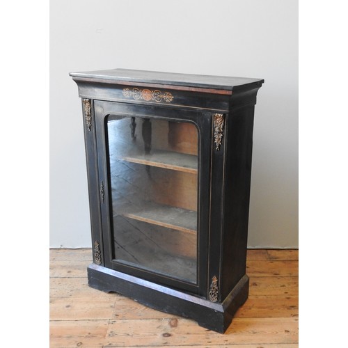 35 - A VICTORIAN EBONISED PIER CABINET, with string inlay, the frieze decorated with walnut marquetry scr... 