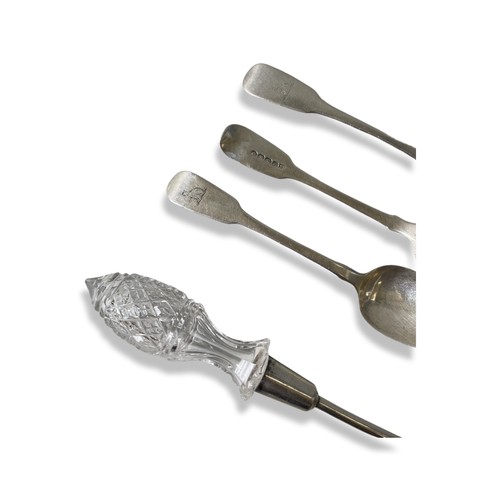 446 - A PAIR OF SILVER AND GLASS SALAD SERVERS, Chester 1902, and three Georgian silver Dublin teaspoons s... 