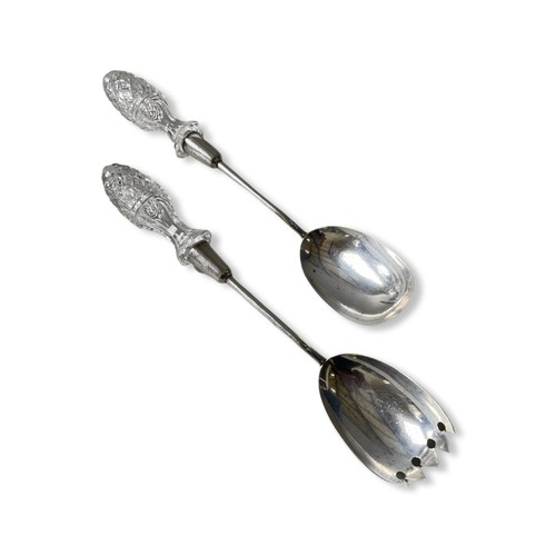 446 - A PAIR OF SILVER AND GLASS SALAD SERVERS, Chester 1902, and three Georgian silver Dublin teaspoons s... 