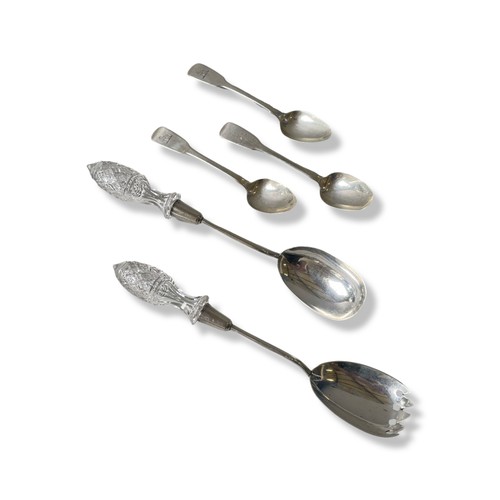 446 - A PAIR OF SILVER AND GLASS SALAD SERVERS, Chester 1902, and three Georgian silver Dublin teaspoons s... 