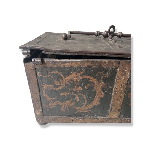 296 - A 17TH CENTURY WROUGHT IRON TABLE CASKET, probably Continental, the swing handle with central double... 