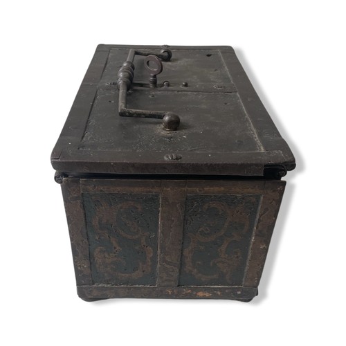 296 - A 17TH CENTURY WROUGHT IRON TABLE CASKET, probably Continental, the swing handle with central double... 