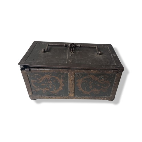 296 - A 17TH CENTURY WROUGHT IRON TABLE CASKET, probably Continental, the swing handle with central double... 