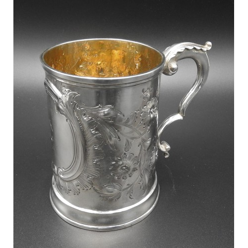 448 - A VICTORIAN SILVER TANKARD WITH FLORAL REPOUSSE DECORATION, by William Brown & William Nathaniel... 