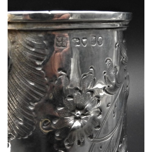 448 - A VICTORIAN SILVER TANKARD WITH FLORAL REPOUSSE DECORATION, by William Brown & William Nathaniel... 