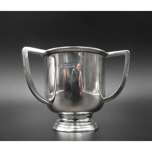 449 - A 20TH CENTURY SILVER TRIPLE HANDLE CHRISTENING MUG, Sheffield 1922, 3oz