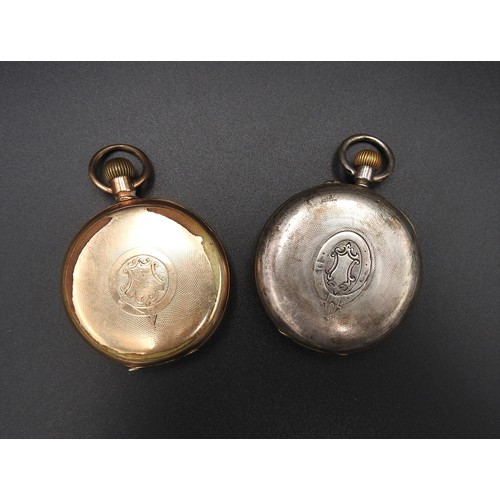 489 - A VICTORIAN SILVER CASE POCKET WATCH AND AN AMERICAN GOLD PLATED POCKET WATCH, the silver watch case... 