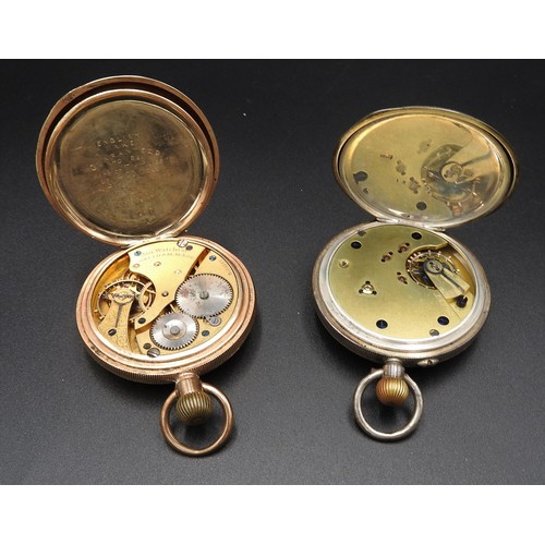 489 - A VICTORIAN SILVER CASE POCKET WATCH AND AN AMERICAN GOLD PLATED POCKET WATCH, the silver watch case... 