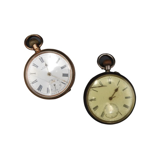 489 - A VICTORIAN SILVER CASE POCKET WATCH AND AN AMERICAN GOLD PLATED POCKET WATCH, the silver watch case... 