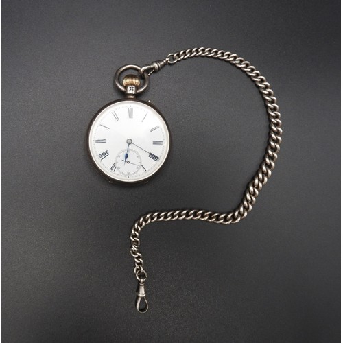 490 - A VICTORIAN SILVER POCKET WATCH AND A SILVER WATCH CHAIN, the back of the watch movement inscribed J... 