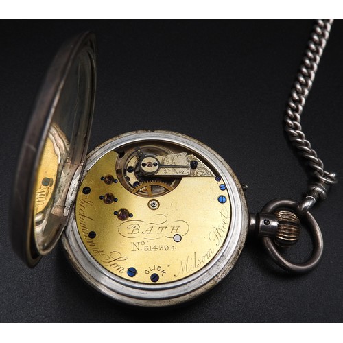 490 - A VICTORIAN SILVER POCKET WATCH AND A SILVER WATCH CHAIN, the back of the watch movement inscribed J... 