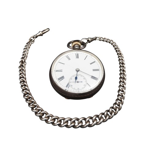 490 - A VICTORIAN SILVER POCKET WATCH AND A SILVER WATCH CHAIN, the back of the watch movement inscribed J... 