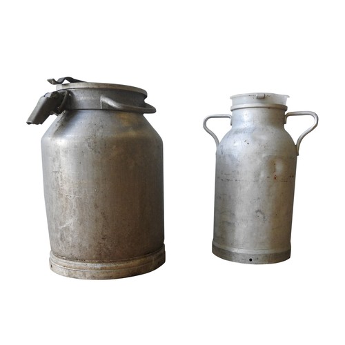 144 - TWO VINTAGE FRENCH GALVANIZED DAIRY CHURNS, the largest measuring 52 cm high and 35 cm diameter