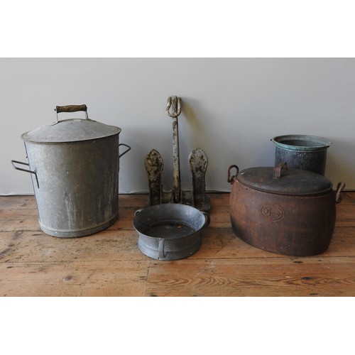 145 - A GALVANIZED BUCKET AND LID, CAST-IRON COOKING POT, BOAT ANCHOR AND CYLINDRICAL COPPER POT, along wi... 