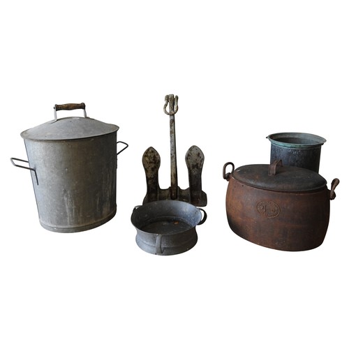 145 - A GALVANIZED BUCKET AND LID, CAST-IRON COOKING POT, BOAT ANCHOR AND CYLINDRICAL COPPER POT, along wi... 