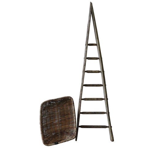 146 - A WEATHERED FRENCH ORCHARD LADDER AND WICKER TRUG, the seven rung ladder measuring 220 cm high