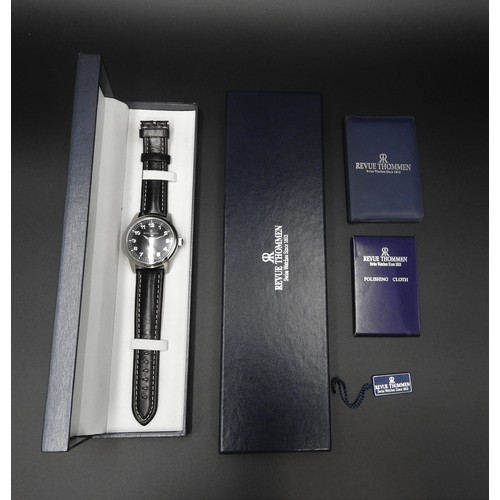 497 - A GENT'S REVUE THOMMEN STAINLESS STEEL MANUAL WIND WRIST WATCH, with original box and paper work