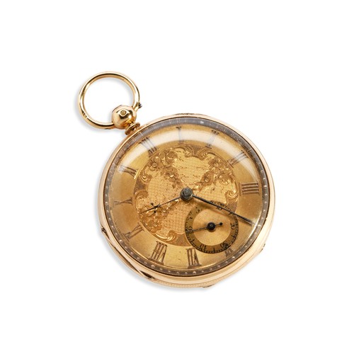 498 - AN 18CT GOLD POCKET WATCH BY BEN KIRBY, LIVERPOOL, the ornate machine turned floral decorated face s... 