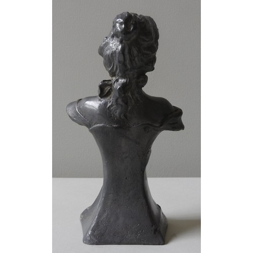 332 - A VINTAGE ART NOUVEAU CAST LEAD BUST OF MAIDEN, entitled 'Marguerite', 25 cm high