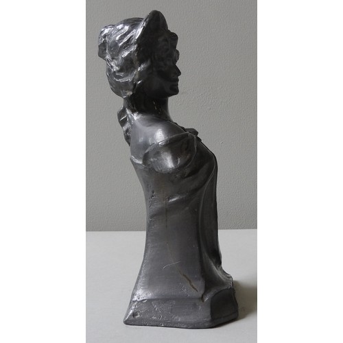 332 - A VINTAGE ART NOUVEAU CAST LEAD BUST OF MAIDEN, entitled 'Marguerite', 25 cm high