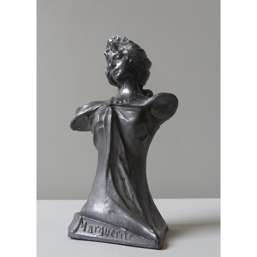 332 - A VINTAGE ART NOUVEAU CAST LEAD BUST OF MAIDEN, entitled 'Marguerite', 25 cm high