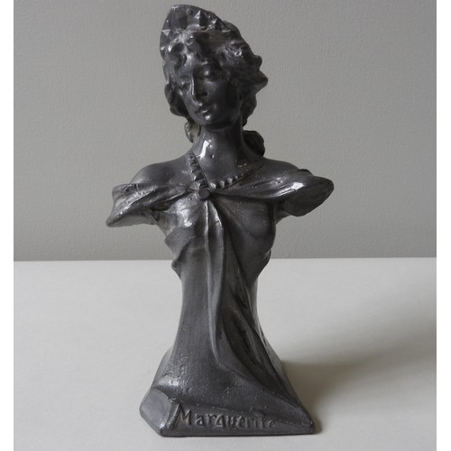 332 - A VINTAGE ART NOUVEAU CAST LEAD BUST OF MAIDEN, entitled 'Marguerite', 25 cm high