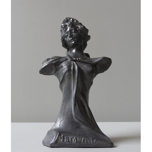 332 - A VINTAGE ART NOUVEAU CAST LEAD BUST OF MAIDEN, entitled 'Marguerite', 25 cm high